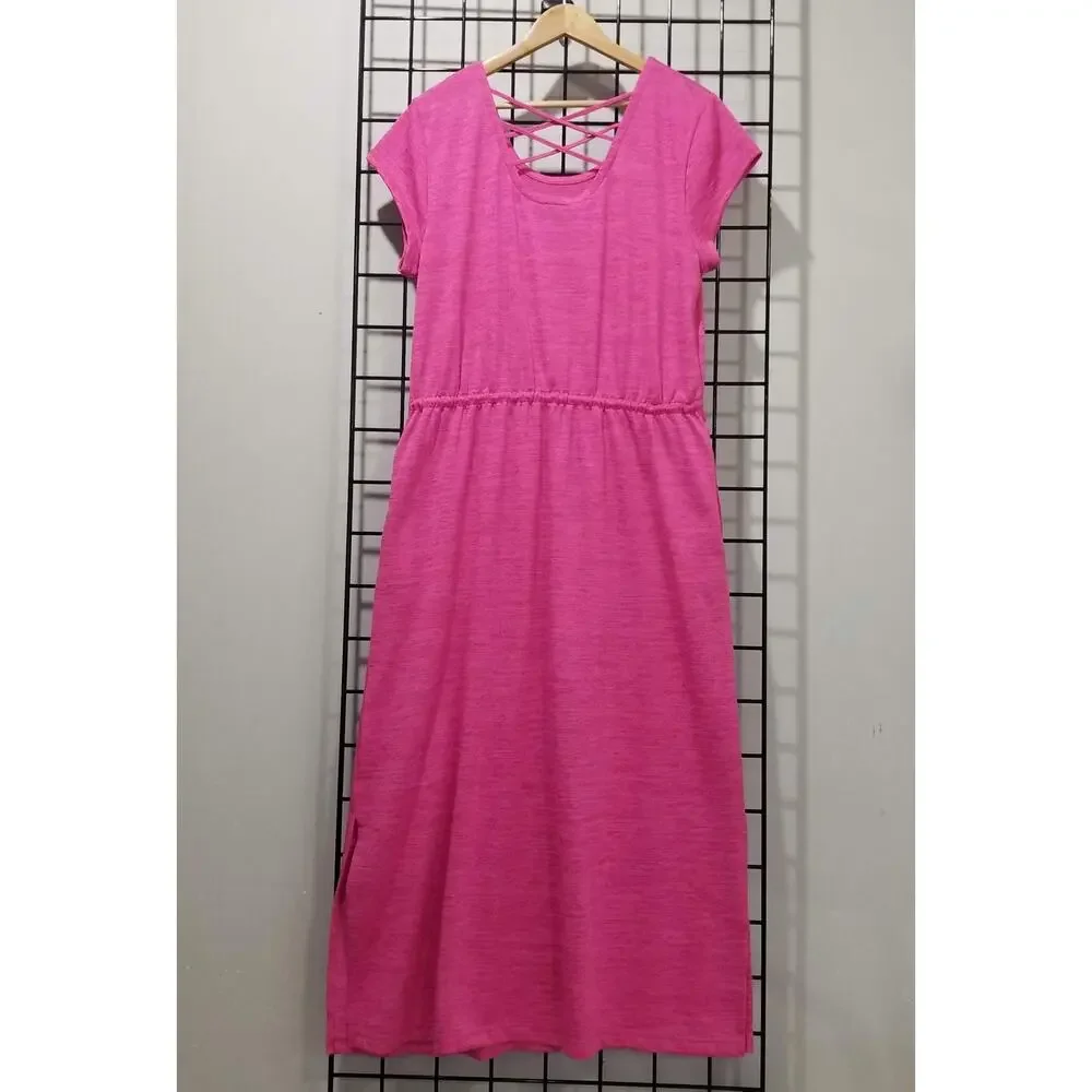 T By Talbots T Shirt Dress Womens XL Pink Crisscross Back Drawstring Midi - Picture 6 of 6